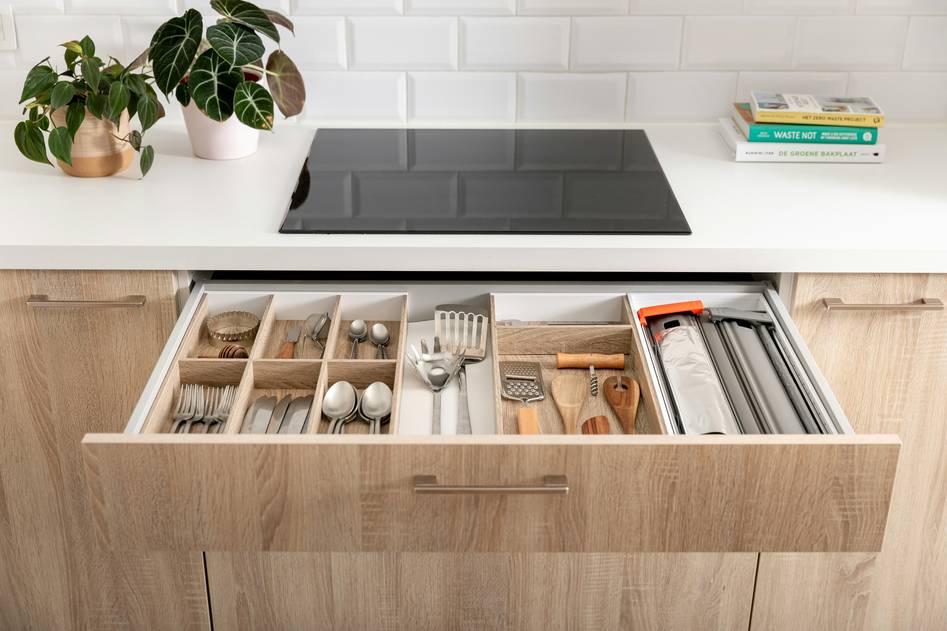 Reusable silicone bags on a wooden countertop